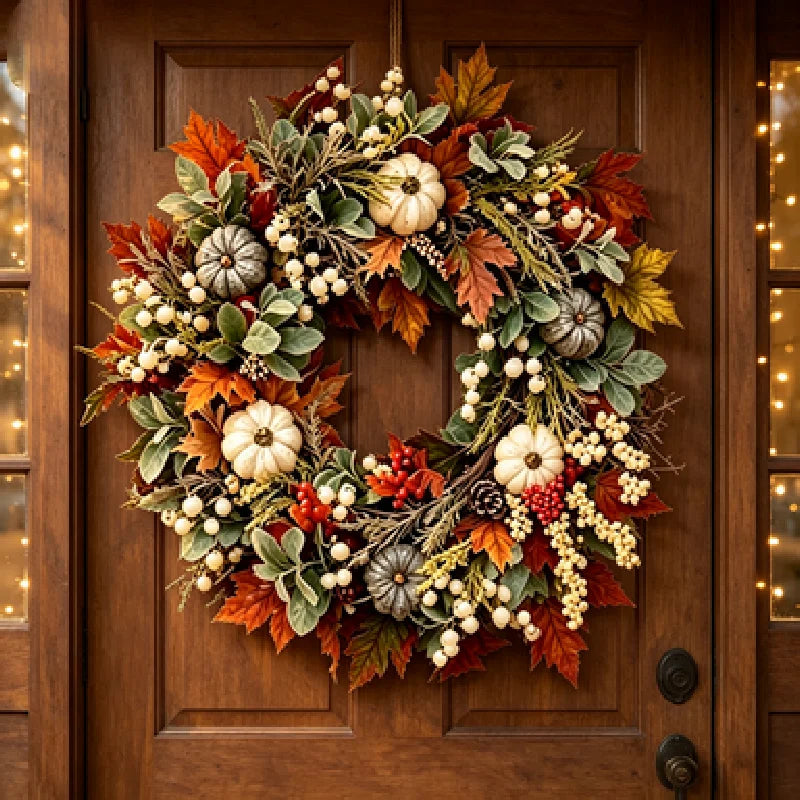 Autumn Wreath with Pumpkins, Pinecones, Maple Leaves, Berries and Flowers