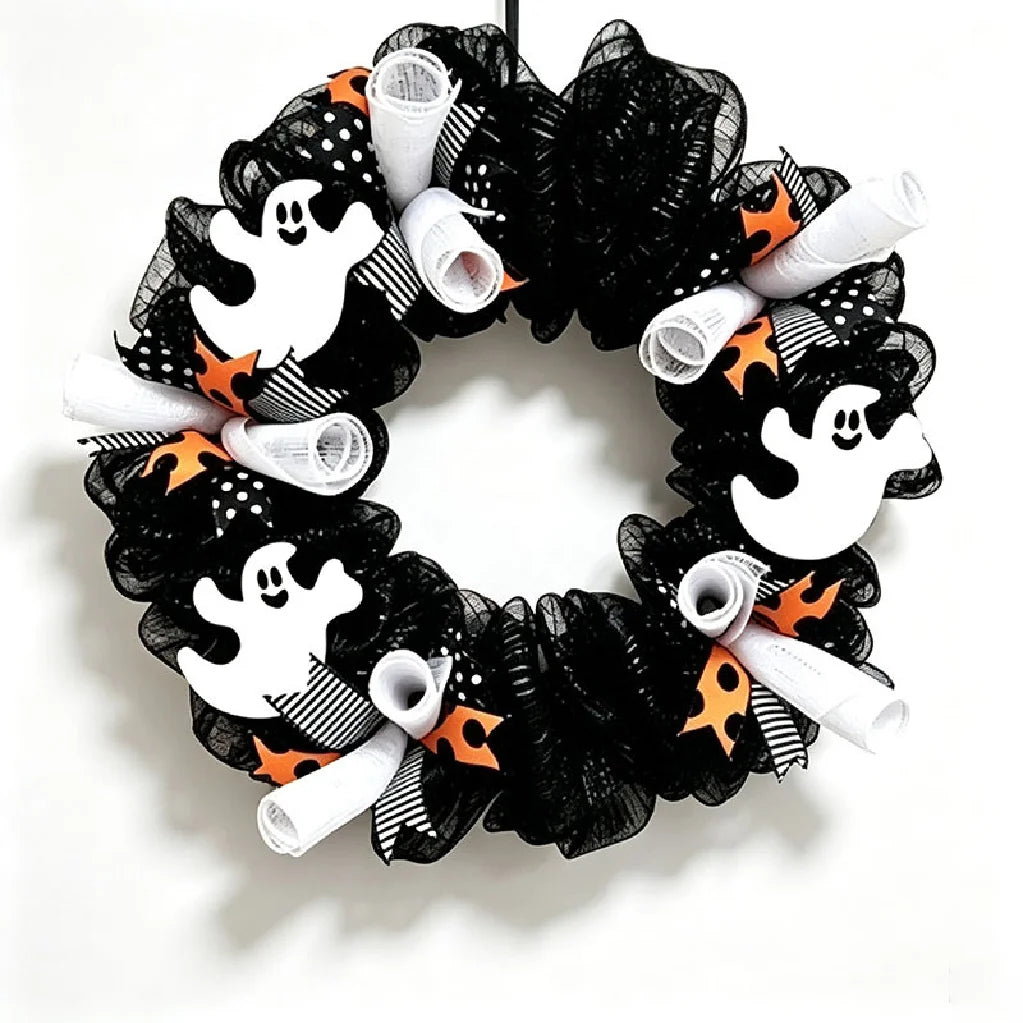 Halloween Ghost Front Door Wreath with Black Mesh Ribbon, Door Hanging for Festive Party Entrance Vibes artificial