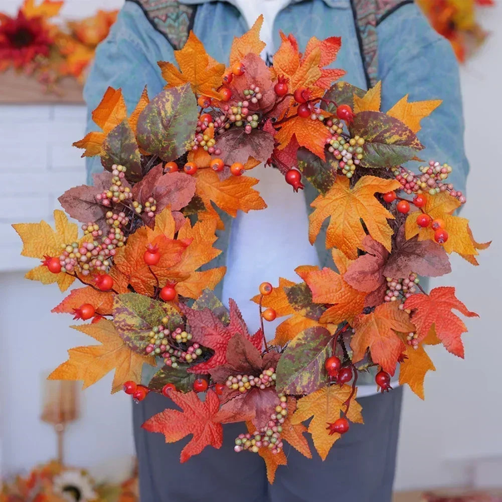 Fall Wreath with Autumn Leaves and Berries for Front Door Decoration for Thanksgiving and Seasonal Display