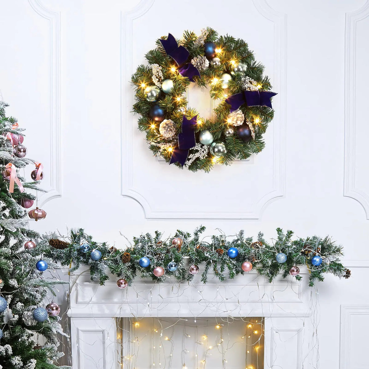 Lighted Christmas Wreath For Front Door With 15 Warm Led Lights Blue Silver Ornaments Velvet Bows