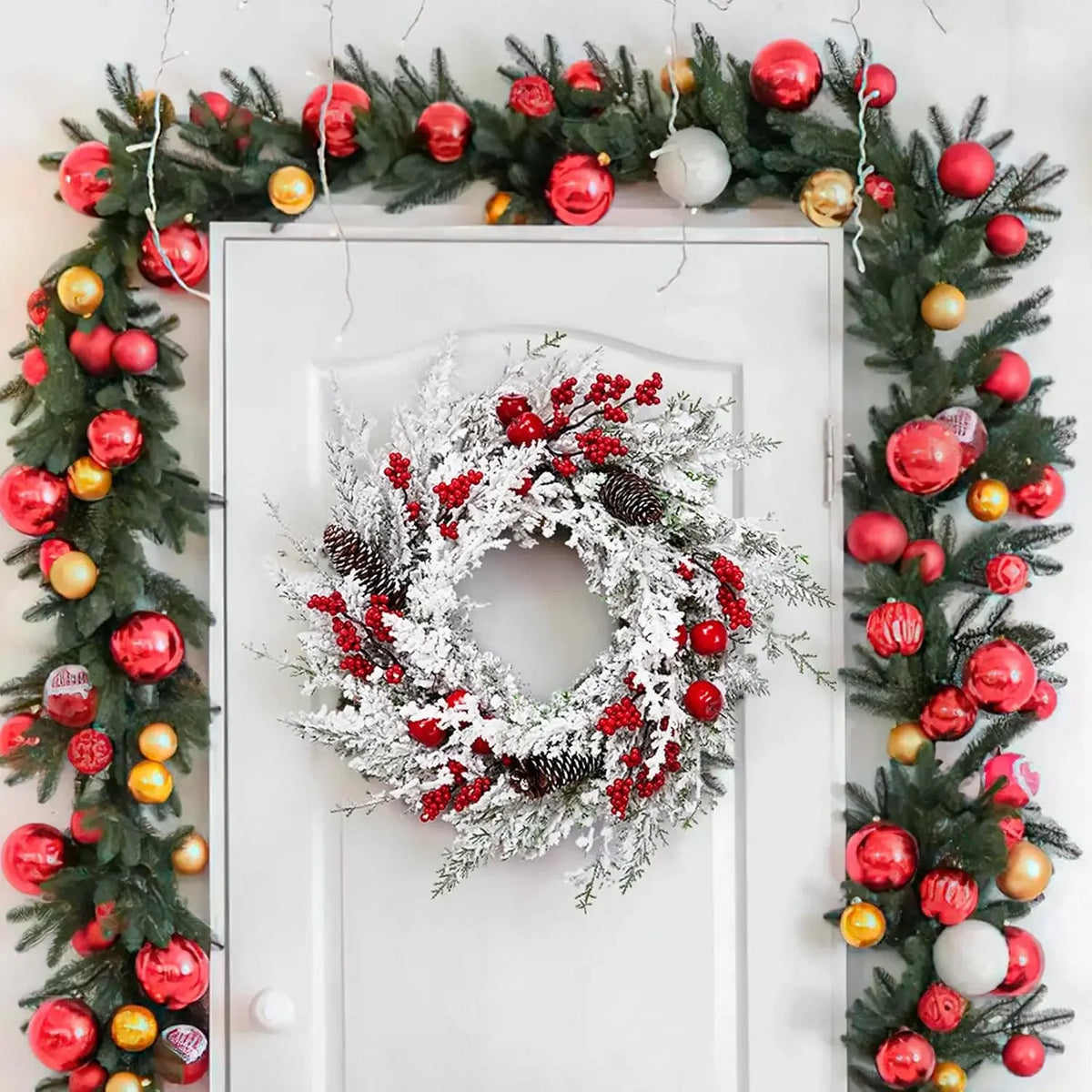 Winter Christmas Wreath - Snow Flocked Artificial Pine Garland, Red Berries, Pinecones And Wreath