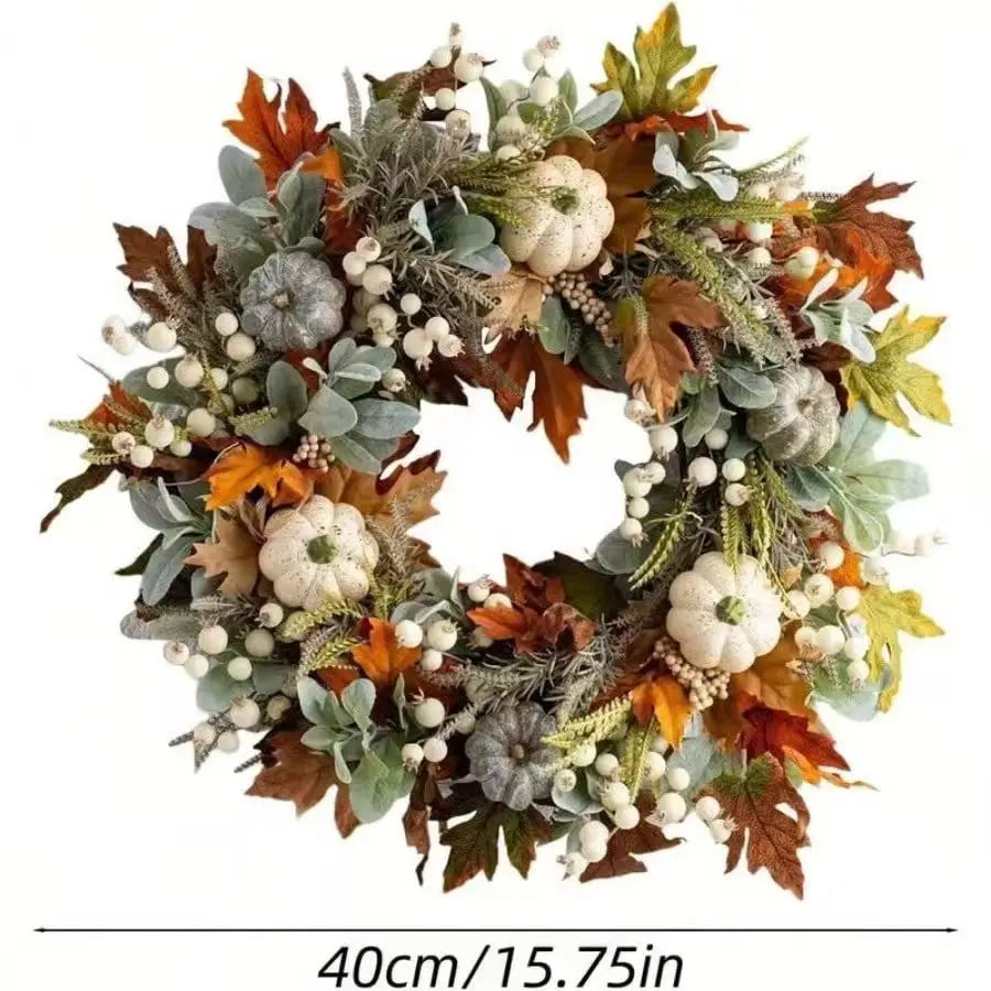 Autumn Wreath with Pumpkins, Pinecones, Maple Leaves, Berries and Flowers