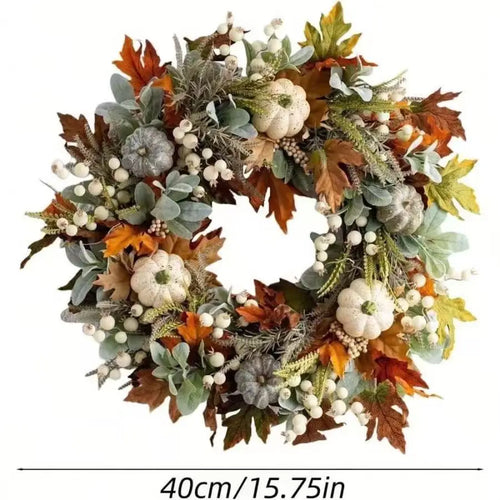 Autumn Wreath with Pumpkins, Pinecones, Maple Leaves, Berries and Flowers