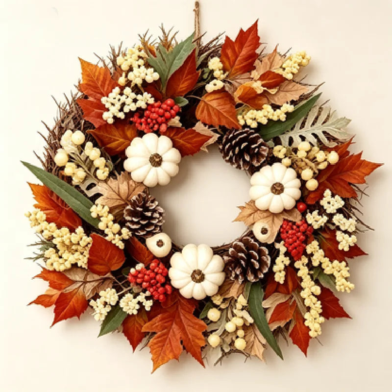 Autumn Wreath with Pumpkins, Pinecones, Maple Leaves, Berries and Flowers