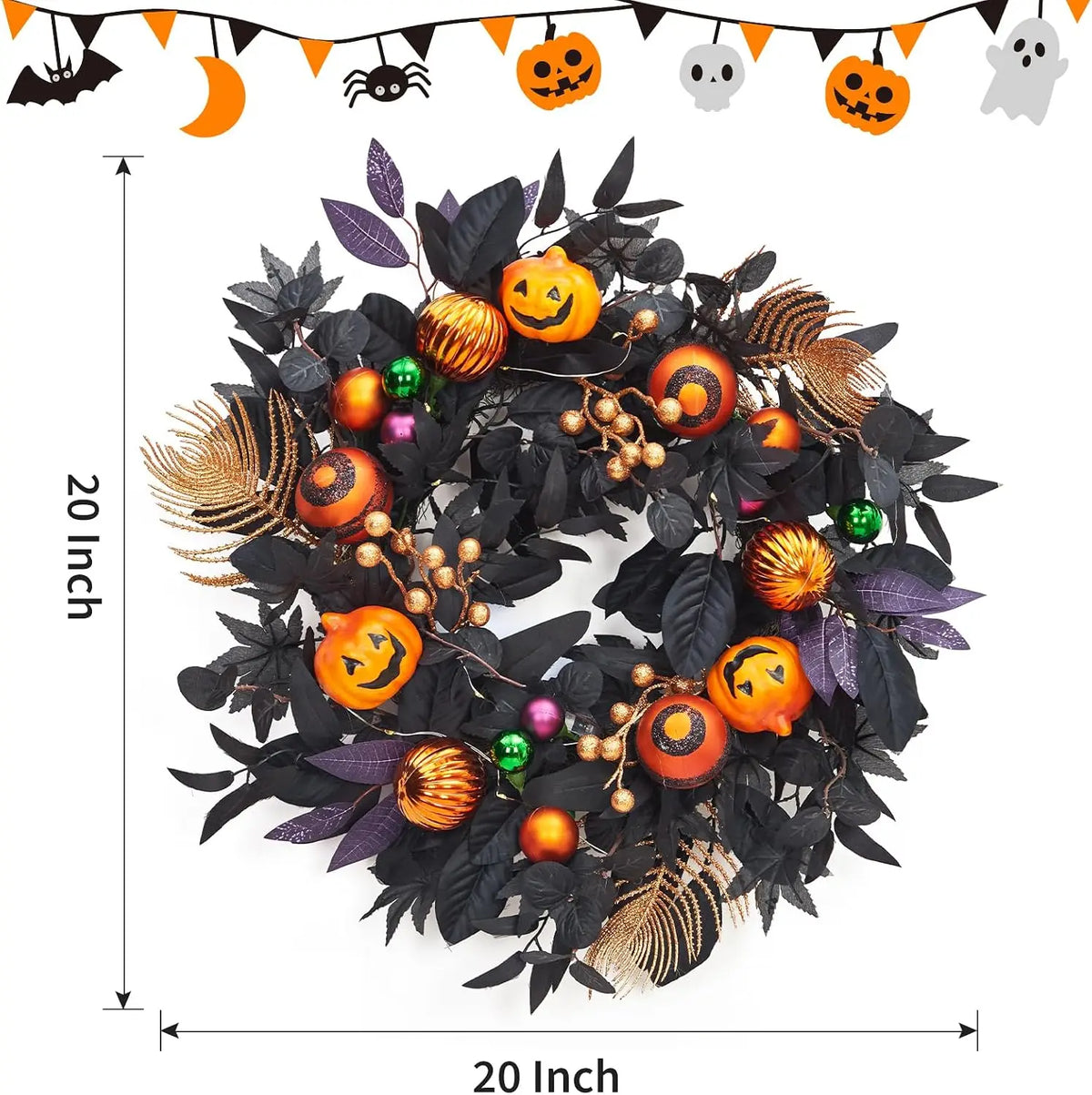 Halloween Pumpkin Pre Lit Wreath with LED Lights Maple Leaves and Berries