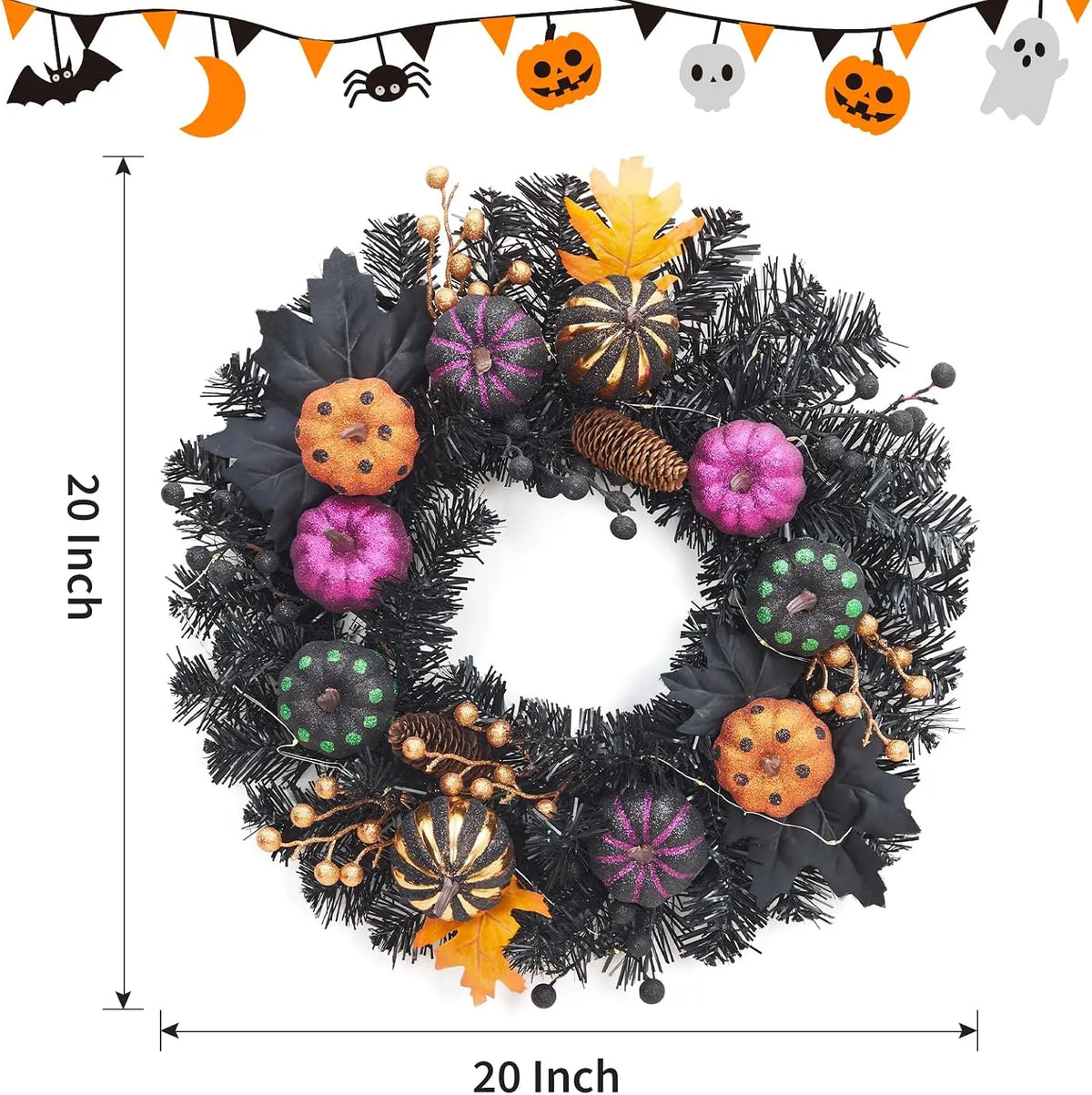 Halloween Pumpkin Pre Lit Wreath with LED Lights Maple Leaves and Berries
