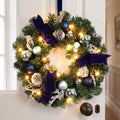 Lighted Christmas Wreath For Front Door With 15 Warm Led Lights Blue Silver Ornaments Velvet Bows