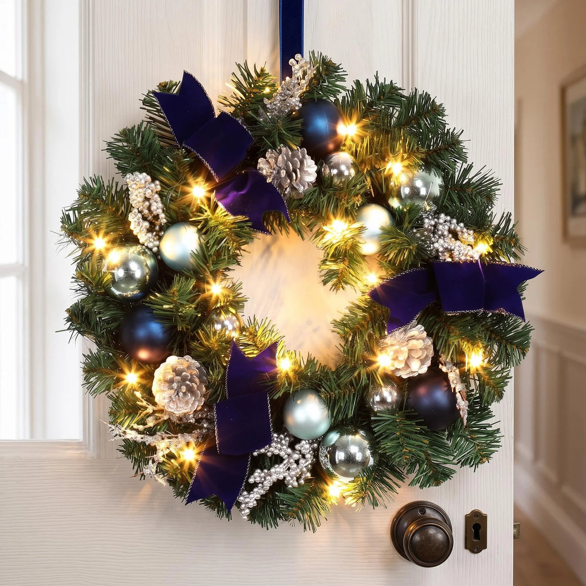 Lighted Christmas Wreath For Front Door With 15 Warm Led Lights Blue Silver Ornaments Velvet Bows