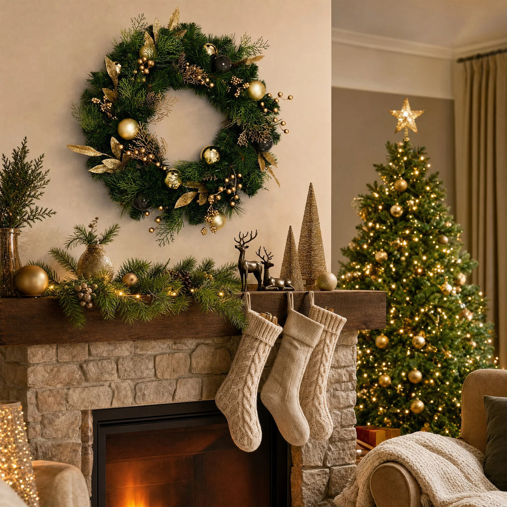 Gold Black Glitter Leaves Cypress Foliage Ball Ornaments Christmas Wreath