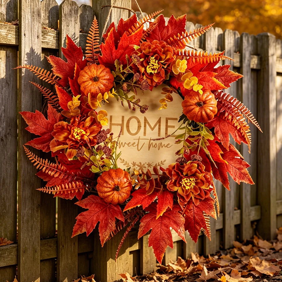 Autumn Pumpkin And Maple Leaf Wreath
