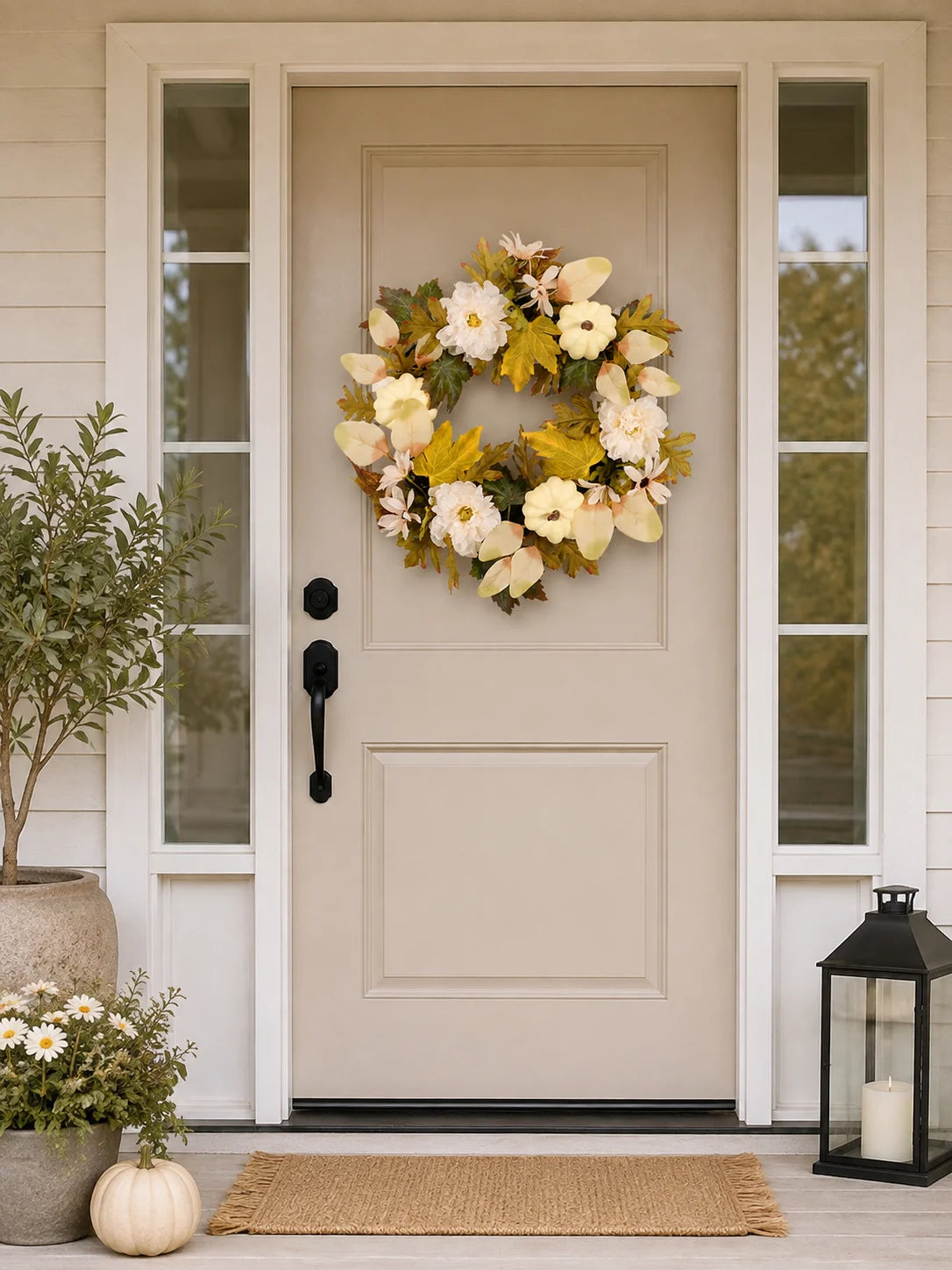 Artificial Fall Wreath with Pumpkins Maple Leaves Flowers