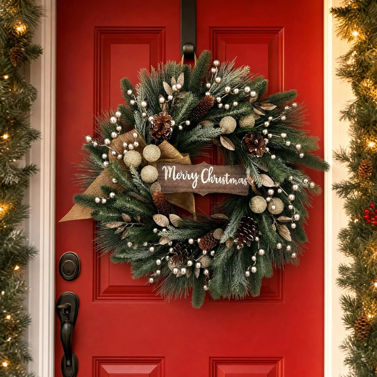 Artificial Christmas Pine Needle Wreath With Wooden Sign Bow - Winter Holiday Decor
