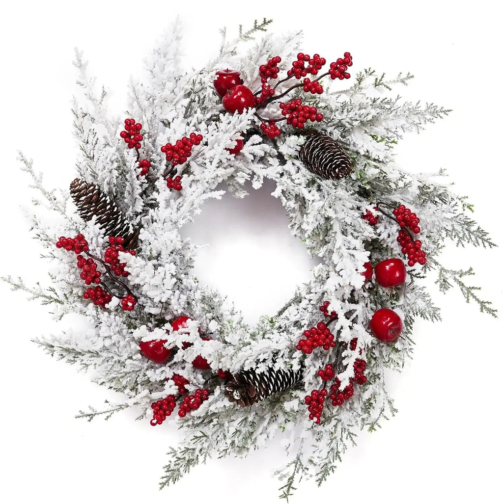 Winter Christmas Wreath - Snow Flocked Artificial Pine Garland, Red Berries, Pinecones And Wreath