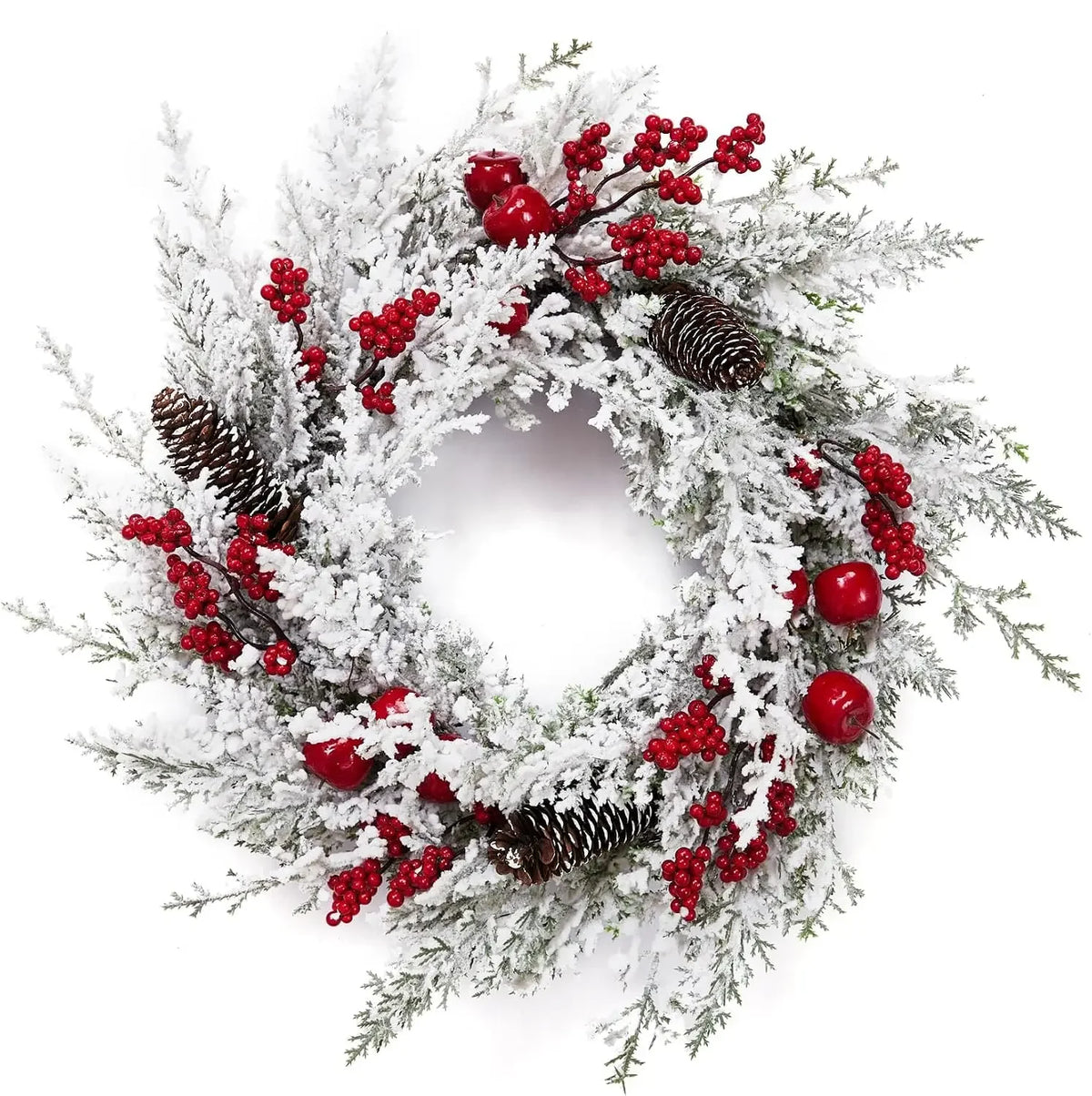 Winter Christmas Wreath - Snow Flocked Artificial Pine Garland, Red Berries, Pinecones And Wreath