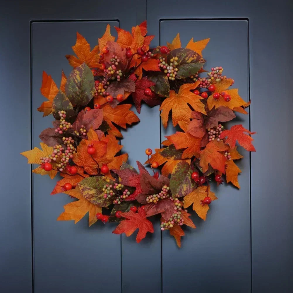 Fall Wreath with Autumn Leaves and Berries for Front Door Decoration for Thanksgiving and Seasonal Display