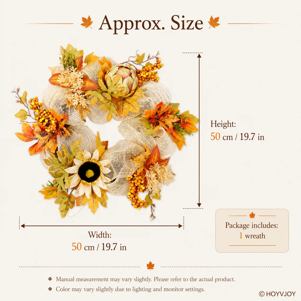 Yellow Sunflower Fall Wreath - Orange Autumn Leaves