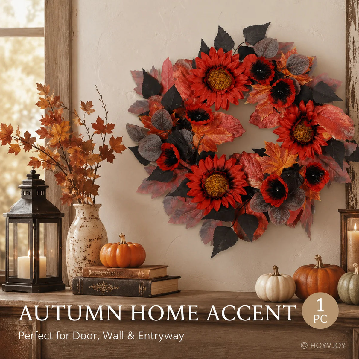 Red Autumn Sunflower Artificial Wreath