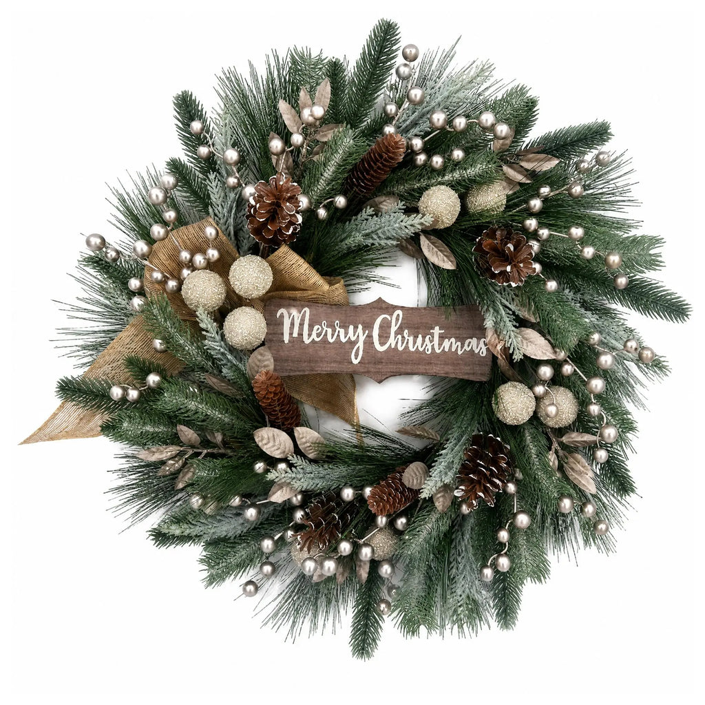 Artificial Christmas Pine Needle Wreath With Wooden Sign Bow - Winter Holiday Decor