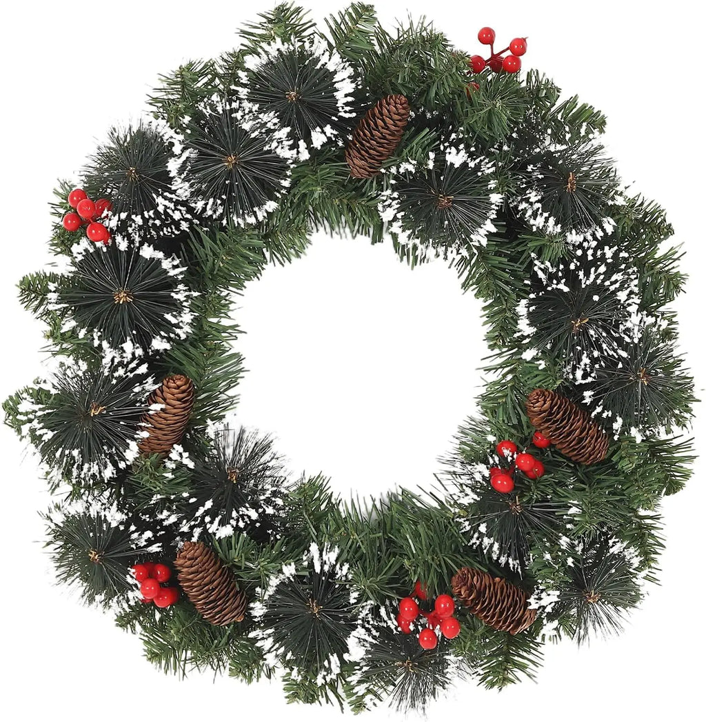 Pre Lit Artificial Pine Christmas Wreath with Red Berries Warm White Glow Layered PVC Greenery for Doors Walls Windows and Mantels