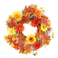 Fall Harvest Wreath with Orange Yellow Flowers & Maple Leaves, Rustic Autumn Front Door Decor for Thanksgiving