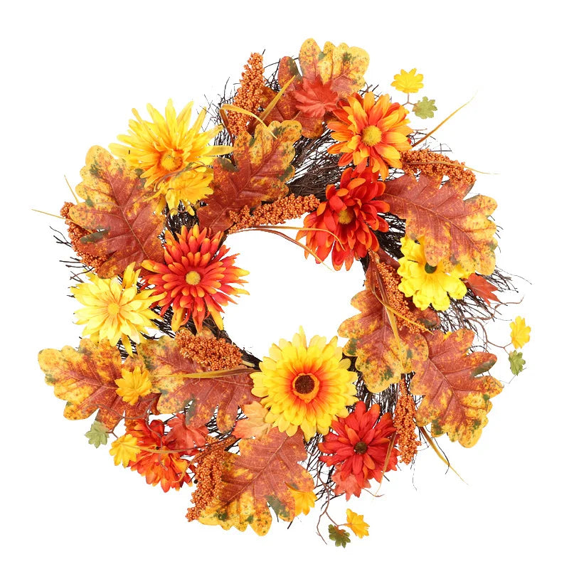 Fall Harvest Wreath with Orange Yellow Flowers & Maple Leaves, Rustic Autumn Front Door Decor for Thanksgiving