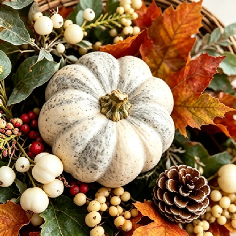 Autumn Wreath with Pumpkins, Pinecones, Maple Leaves, Berries and Flowers