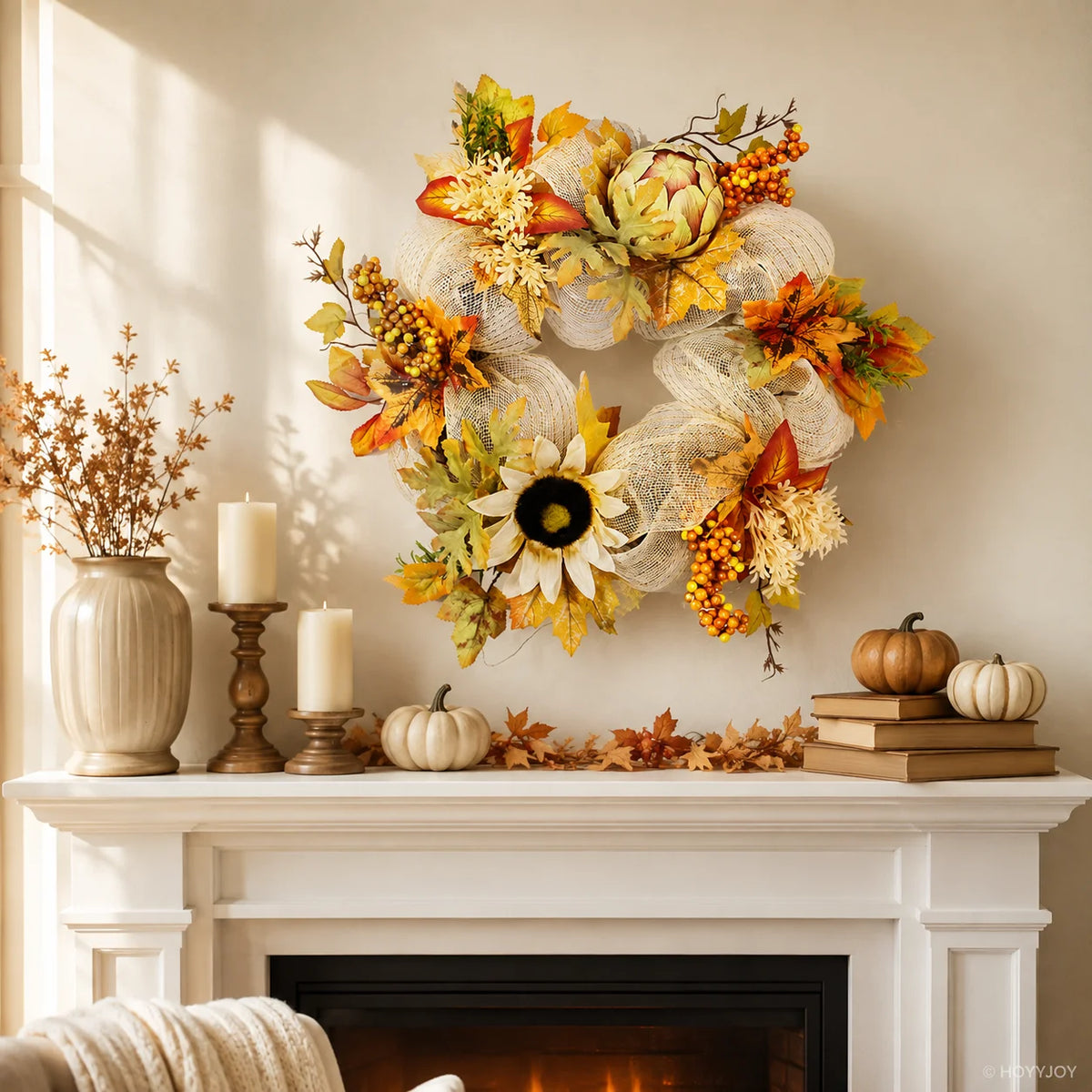 Yellow Sunflower Fall Wreath - Orange Autumn Leaves