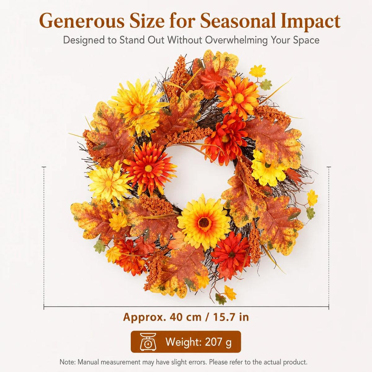 Fall Harvest Wreath with Orange Yellow Flowers & Maple Leaves, Rustic Autumn Front Door Decor for Thanksgiving