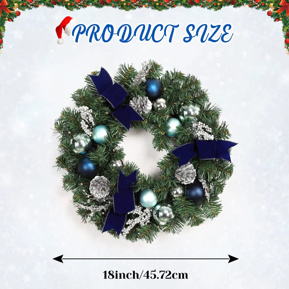 Lighted Christmas Wreath For Front Door With 15 Warm Led Lights Blue Silver Ornaments Velvet Bows