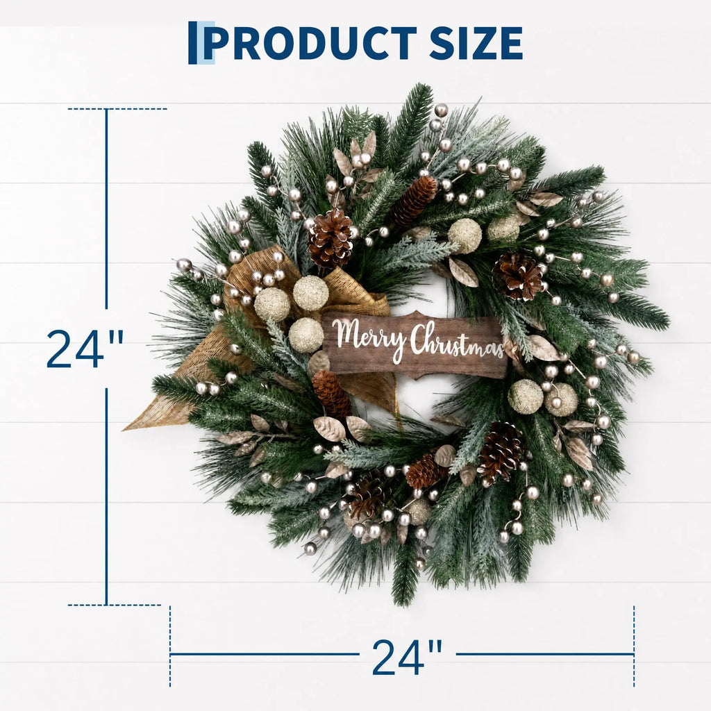 Artificial Christmas Pine Needle Wreath With Wooden Sign Bow - Winter Holiday Decor