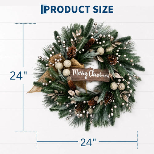 Artificial Christmas Pine Needle Wreath With Wooden Sign Bow - Winter Holiday Decor