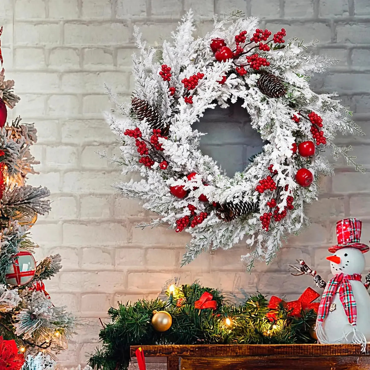 Winter Christmas Wreath - Snow Flocked Artificial Pine Garland, Red Berries, Pinecones And Wreath