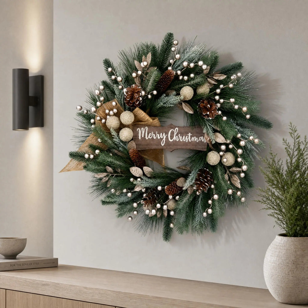 Artificial Christmas Pine Needle Wreath With Wooden Sign Bow - Winter Holiday Decor