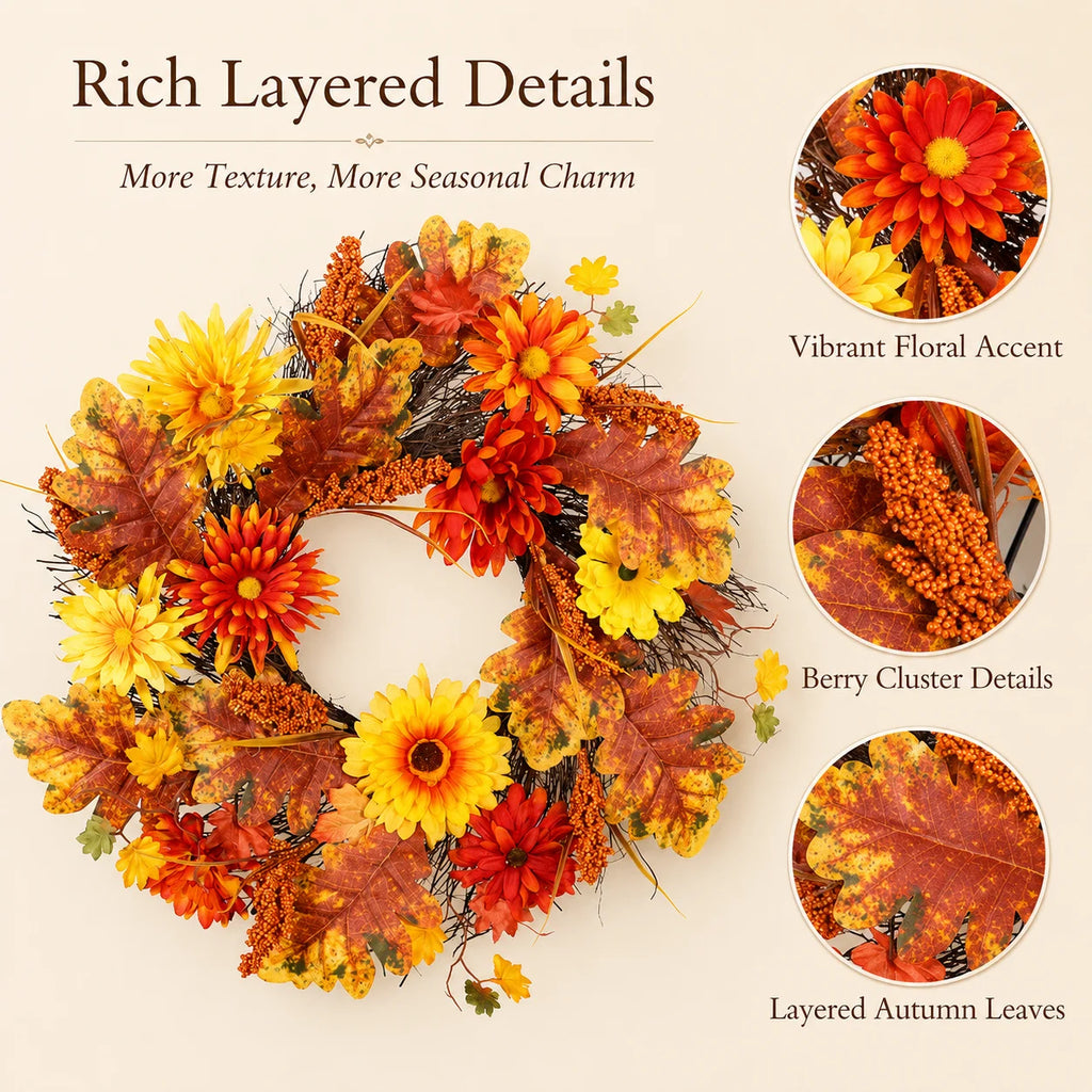 Fall Harvest Wreath with Orange Yellow Flowers & Maple Leaves, Rustic Autumn Front Door Decor for Thanksgiving