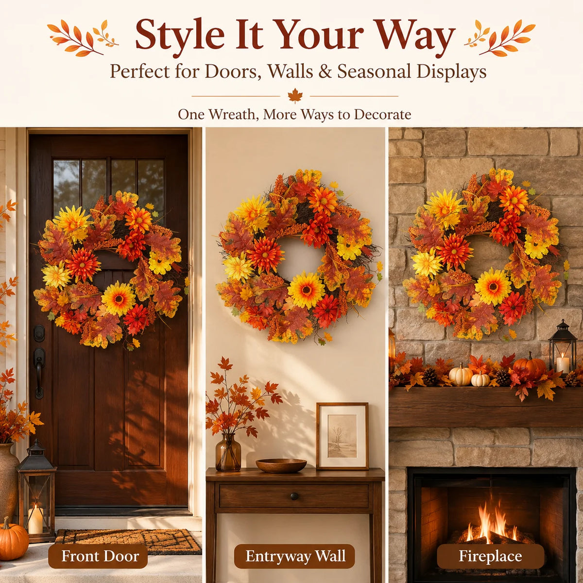 Fall Harvest Wreath with Orange Yellow Flowers & Maple Leaves, Rustic Autumn Front Door Decor for Thanksgiving