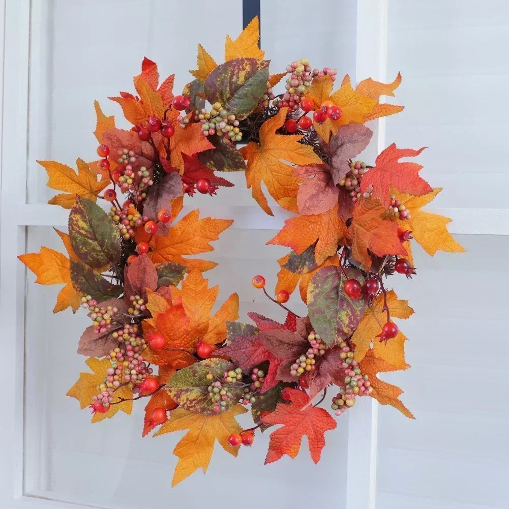 Fall Wreath with Autumn Leaves and Berries for Front Door Decoration for Thanksgiving and Seasonal Display