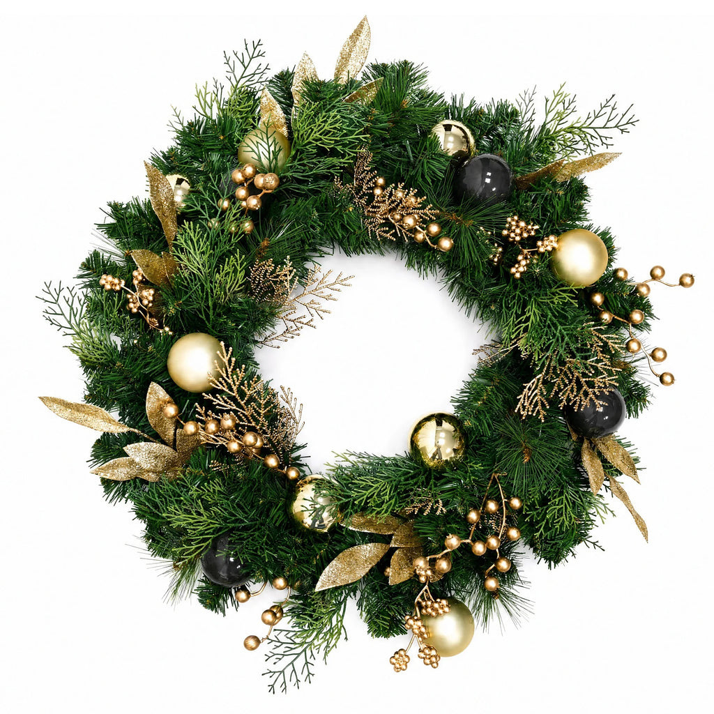 Gold Black Glitter Leaves Cypress Foliage Ball Ornaments Christmas Wreath