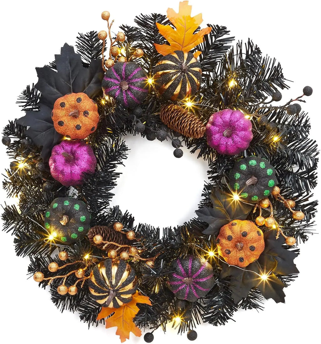 Halloween Pumpkin Pre Lit Wreath with LED Lights Maple Leaves and Berries