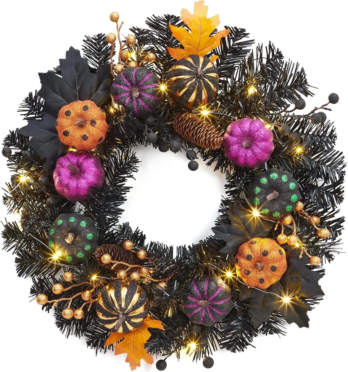 Halloween Pumpkin Pre Lit Wreath with LED Lights Maple Leaves and Berries