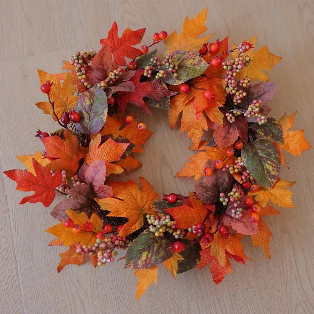 Fall Wreath with Autumn Leaves and Berries for Front Door Decoration for Thanksgiving and Seasonal Display