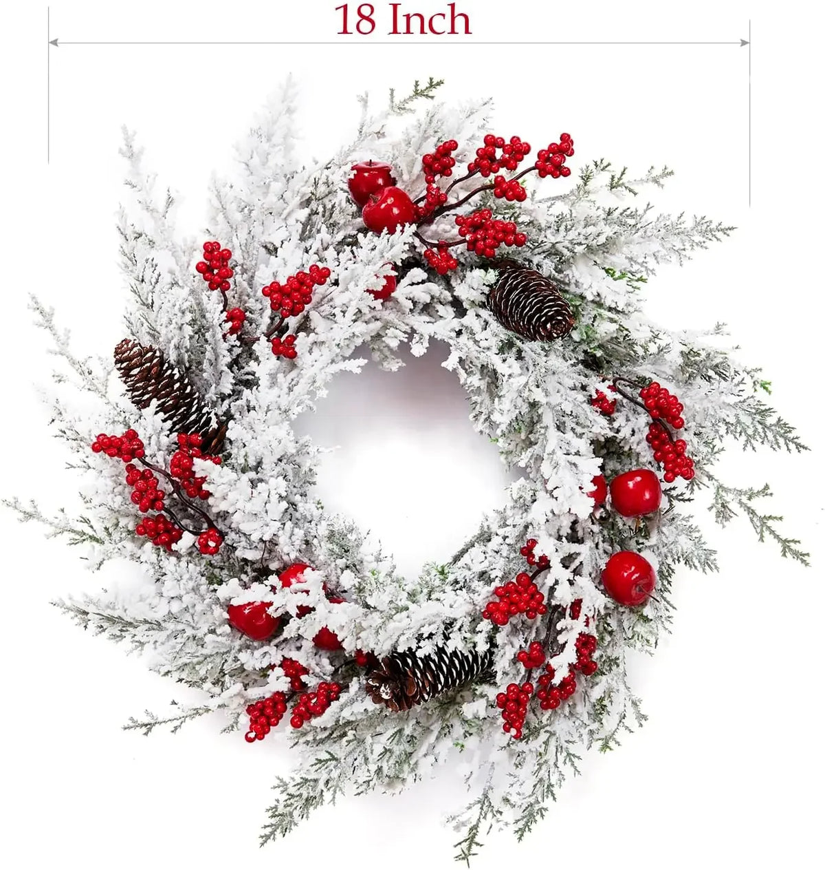 Winter Christmas Wreath - Snow Flocked Artificial Pine Garland, Red Berries, Pinecones And Wreath